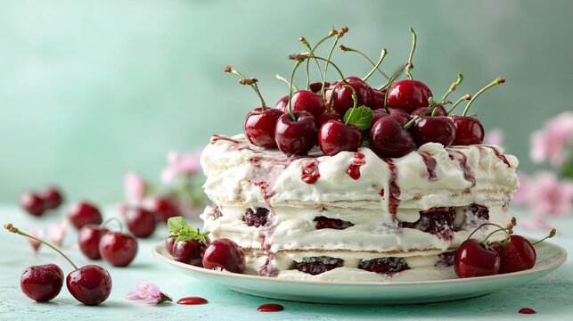Cherries and cream icebox cake topped with whole cherries and light glaze, pastel green background, fresh seasonal mood