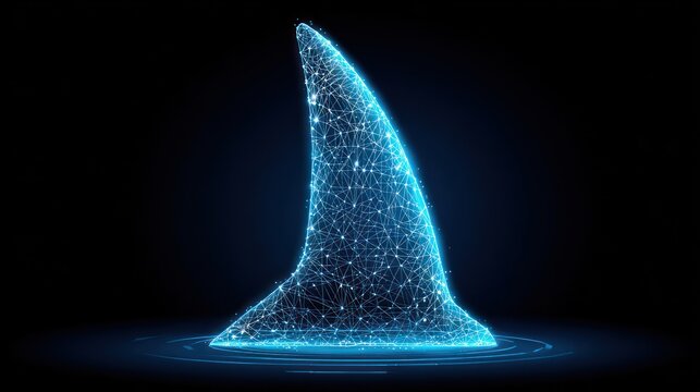 Blue glowing polygonal shark fin emerging from dark water, against a stark black backdrop