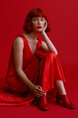 Fototapeta premium Female model with red hair wearing a red dress and red shoes, seated against a solid red background, holding a red rose in a fashion editorial style
