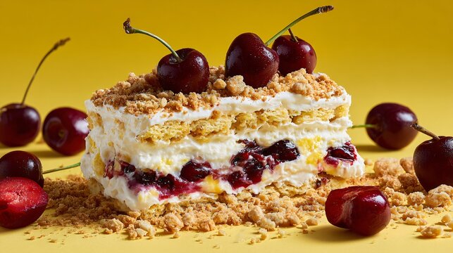 Cherries and cream icebox cake with crushed biscuit crumbs scattered around, pastel yellow background, natural texture