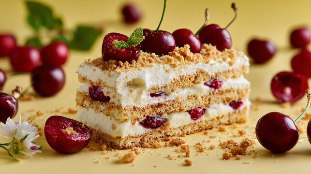 Cherries and cream icebox cake with crushed biscuit crumbs scattered around, pastel yellow background, natural texture