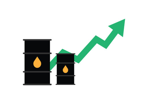 An upward trend in crude oil prices concept. Green upper graph with black oil tank on a white background.