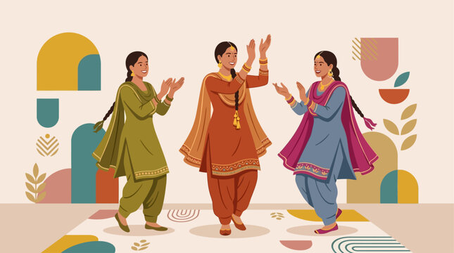 An elegant flat design illustration showcasing Punjabi women performing the traditional Gidda dance, symbolizing the joy and unity of the harvest festival. 