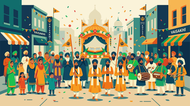A vibrant flat design illustration of a Nagar Kirtan procession, showcasing Sikh devotees and traditional elements of the Vaisakhi festival.