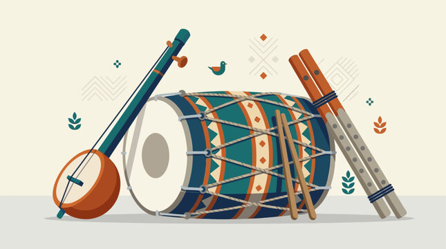 vector artwork represA detailed flat design illustration showcasing a collection of traditional Punjabi musical instruments, central to Vaisakhi and Sikh celebrations. 