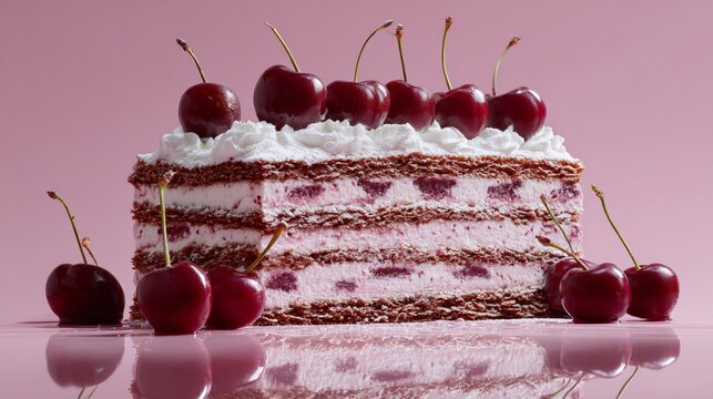 Cherries and cream icebox cake with subtle reflection on glossy pastel surface, light pink background, soft highlights