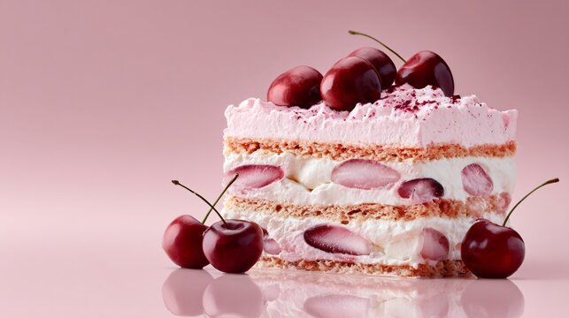 Cherries and cream icebox cake with subtle reflection on glossy pastel surface, light pink background, soft highlights