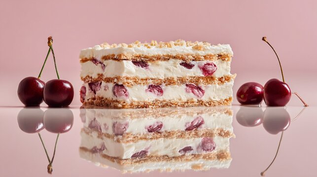 Cherries and cream icebox cake with subtle reflection on glossy pastel surface, light pink background, soft highlights
