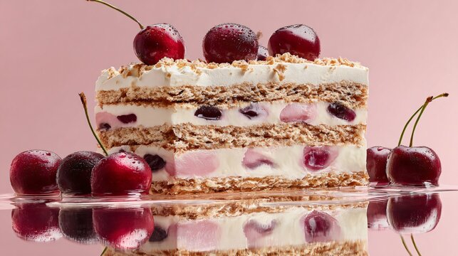 Cherries and cream icebox cake with subtle reflection on glossy pastel surface, light pink background, soft highlights