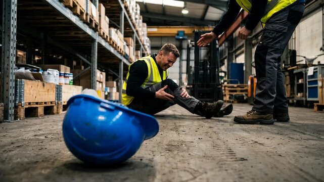 Male worker suffers intense leg pain following industrial warehouse workplace accident. Seriously injured, he receives crucial assistance. blue hard hat nearby completes scene