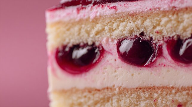 Close up shot focusing on creamy layers blending with cherry filling, pastel pink background, smooth transitions