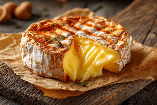 Oven baked camembert cheese with a gooey melting center and fresh thyme on parchment paper over a rustic wooden board