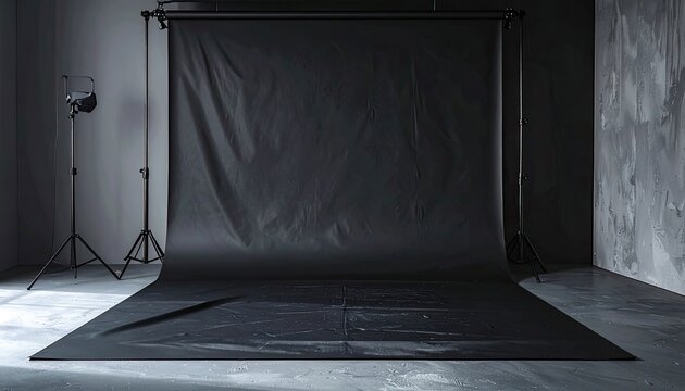A minimalist photography studio setup with a dark backdrop and professional lighting equipment.