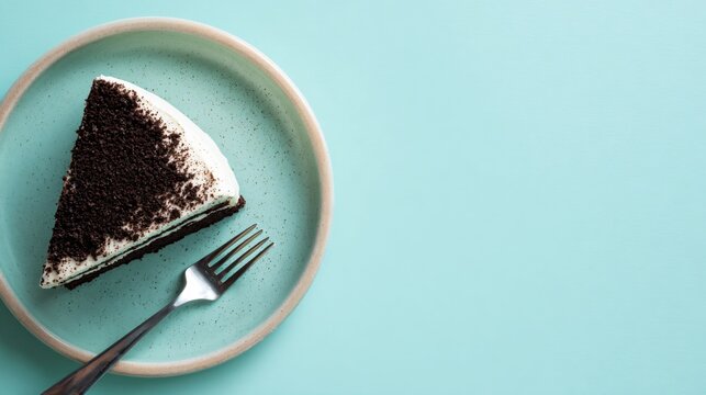 Flat lay composition using negative space heavily, cake positioned in one corner on a soft mint background, minimal aesthetic