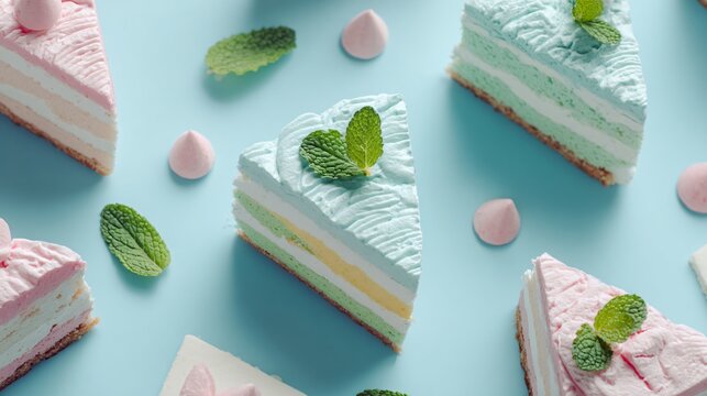 Flat lay of mini individual icebox cakes arranged in a triangle composition, pastel mint background, playful styling