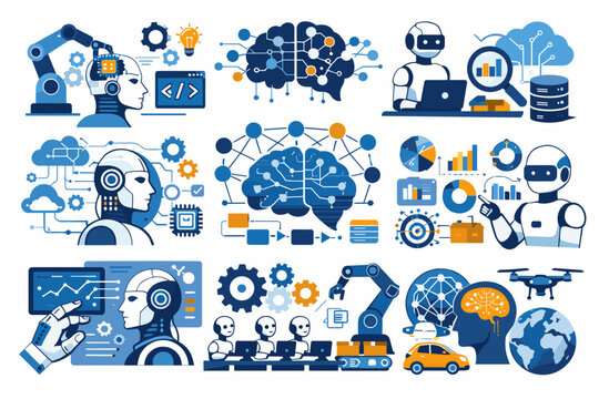 Artificial Intelligence and Machine Learning Infographic Set featuring Robot Automation, Neural Network Brain, Data Analytics, Industrial Robotics, Cloud Computing, and Smart Tech Icons.