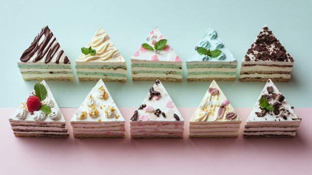 Flat lay of mini individual icebox cakes arranged in a triangle composition, pastel mint background, playful styling