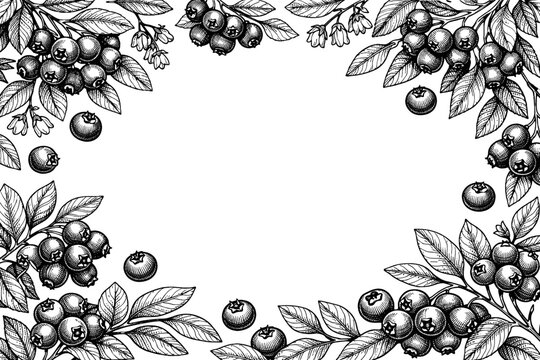 Detailed Hand Drawn Ink Blueberry Branch and Berry Frame Illustration. Vintage Botanical Engraving Style Border for Invitations, Packaging, Labels, and Organic Food Design. Black and White Art.