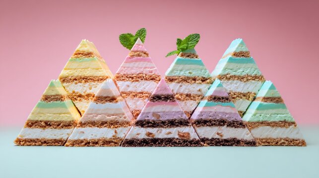 Flat lay of mini individual icebox cakes arranged in a triangle composition, pastel mint background, playful styling