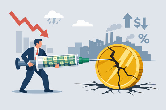 Corporate Figure Administering a Cash-Filled Syringe into a Fractured Gold Coin, Conceptual Vector Depicting Quantitative Easing, Economic Rescue Operations, Government Bailout, and Financial System