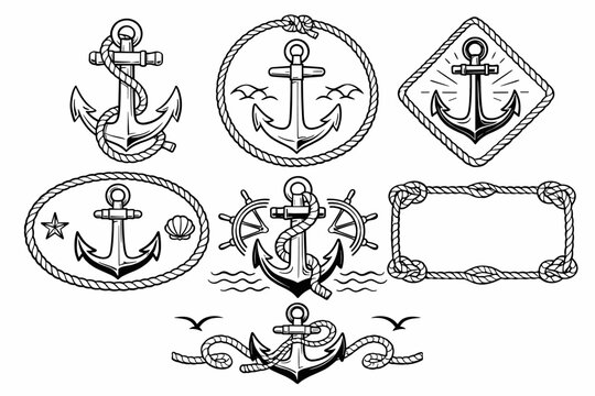 Artisanal Maritime Weight Sketch Collection; Classic Seafaring Graphics with Helm Wheels, Rope Hitch Margins, and Terns. Oceanic Voyage Art for Nautical Branding and Coastline Design Themes.