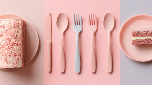 Flat lay with cake and pastel utensils aligned parallel, clean modern design, soft lighting