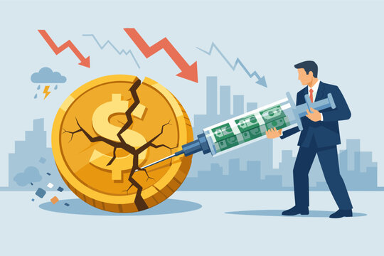 Businessman Injecting a Giant Syringe Filled with Money into a Cracked Gold Dollar Coin Representing Economic Stimulus, Financial Rescue, Market Bailout, and Fiscal Policy Recovery Strategy.