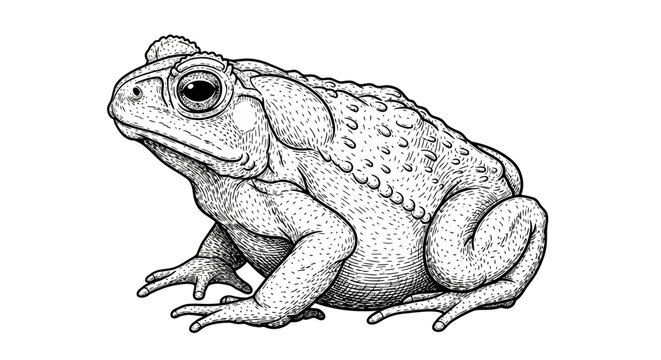Detailed black and white illustration of a toad in side view
