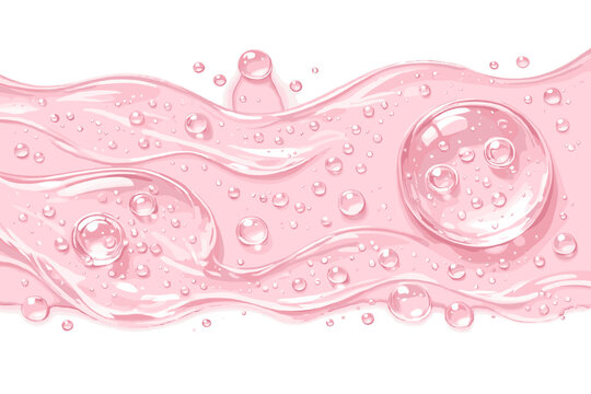 Realistic pink transparent gel serum liquid texture with round water drops and bubbles on white background. Cosmetic skincare product background for beauty, hydration, and moisture concepts.