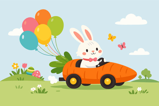 Adorable Spring Hare Piloting an Orange Vegetable Auto with Vibrant Orbs and Painted Shells in a Bright Meadow. Whimsical Graphic for Seasonal Wishes, Wall-art, and Children's Event Styling.
