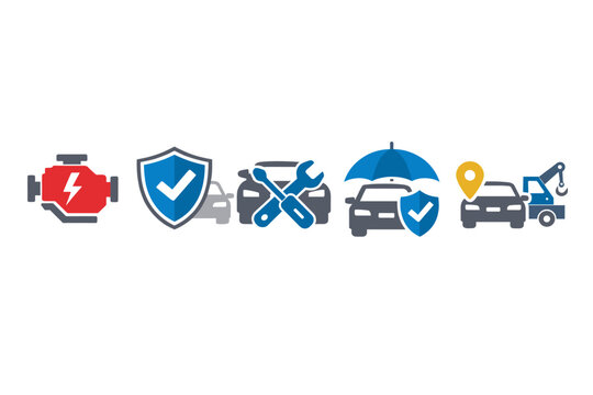 Comprehensive Car Service and Protection Icon Set Featuring Engine Diagnostics, Warranty Shield, Repair Tools, Insurance Coverage Umbrella, and Roadside Towing Assistance Flat Vector Graphics