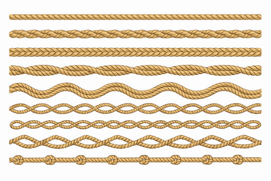 Set of seamless rope brush patterns with braided, wavy, and twisted borders. Nautical marine cord, cowboy lasso, and decorative string lines with knots for frames and design elements.