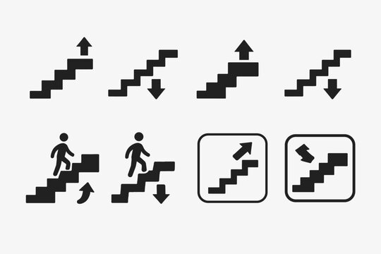 Comprehensive set of stairs icons and staircase signs with up and down arrows for navigation. Vector illustration of person silhouette climbing steps and descending for wayfinding signage.