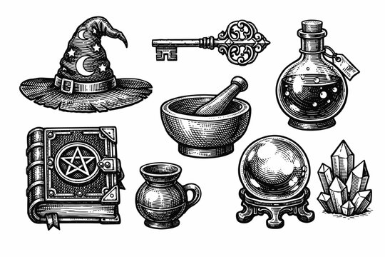Vintage Engraving Style Collection of Mystical Wizard Items and Alchemical Tools Including Magic Hat, Grimoire Spellbook, Potion Bottle, Crystal Ball, Mortar, Pestle, Ornate Key, and Quartz Crystals