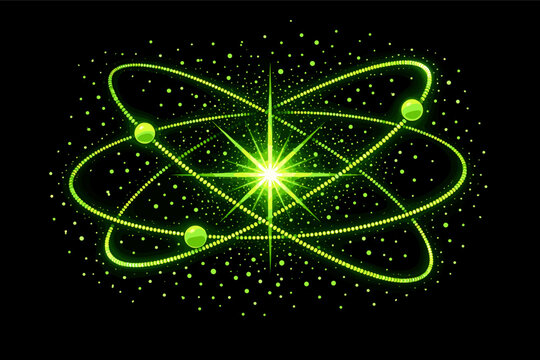 Vibrant neon green vector illustration featuring a glowing orbital sphere with intersecting elliptical paths and electrons, representing atomic energy, physics, and scientific exploration.