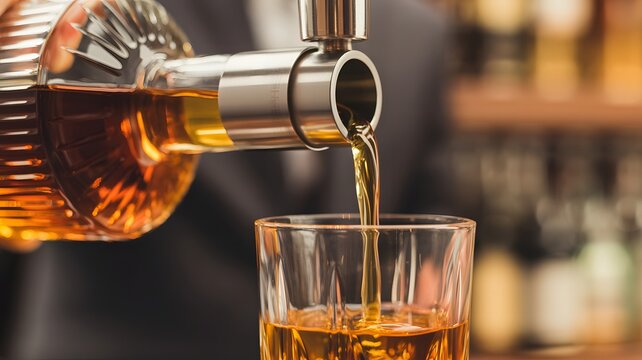 Pouring coffee from metal drip machine into glass mug