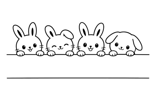 Cute Peeking Bunnies and Rabbits in Simple Line Art Style, Adorable Kawaii Animal Characters Looking Over a Blank Banner Frame Border for Easter Greeting Cards and Kids Design, Vector Illustration