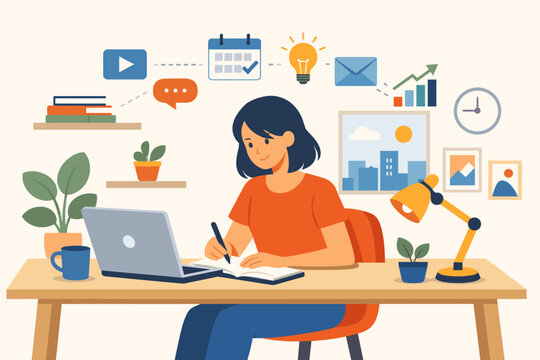 Simple flat vector illustration of a productive woman working at a desk with a laptop and notebook, featuring icons for planning, creativity, email, and growth in a cozy home office workspace.
