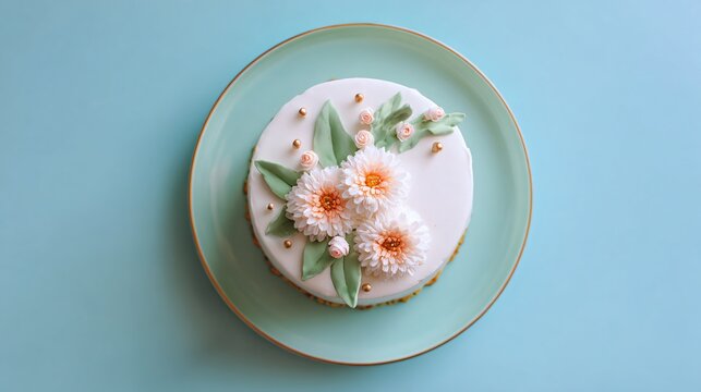 Flat lay with circular plate framing the cake, pastel sage surface, balanced symmetry