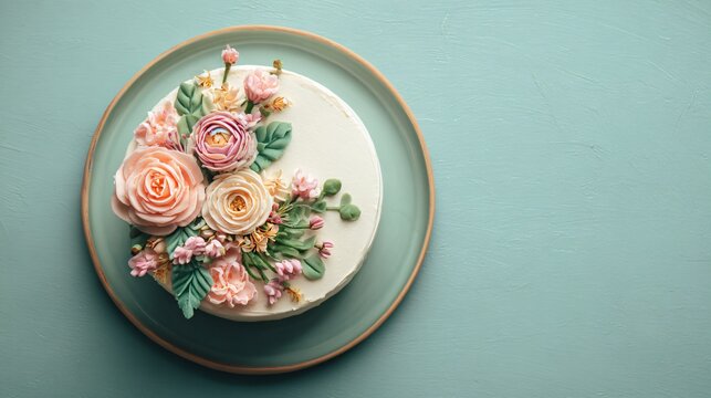 Flat lay with circular plate framing the cake, pastel sage surface, balanced symmetry