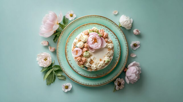 Flat lay with circular plate framing the cake, pastel sage surface, balanced symmetry