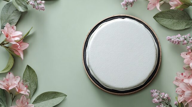 Flat lay with circular plate framing the cake, pastel sage surface, balanced symmetry