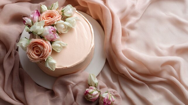 Flat lay with curved linen fabric guiding the eye toward the cake, pastel peach surface, soft natural light