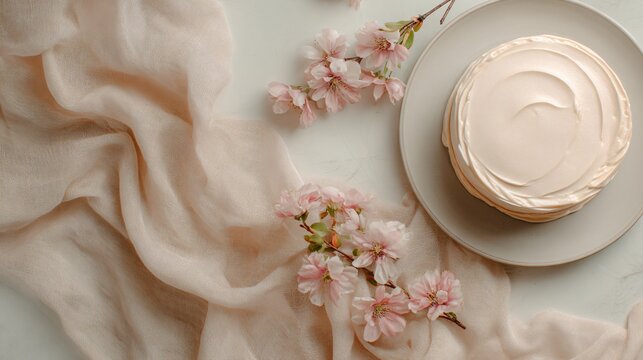 Flat lay with curved linen fabric guiding the eye toward the cake, pastel peach surface, soft natural light