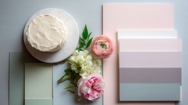 Flat lay with layered pastel papers beneath the cake creating depth, soft spring palette, clean styling