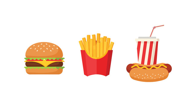 A vibrant illustration of classic fast food items including a cheeseburger, golden french fries in a red box, and a hot dog with a soda drink.