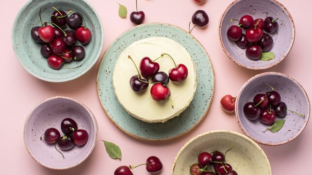 Flat lay with pastel ceramic bowls holding extra cherries placed around the cake, pale yellow background, balanced spacing