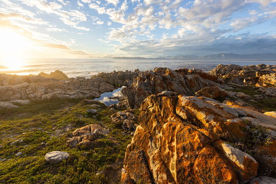 sunset over beautiful Walker Bay from DeKelders, South Africa