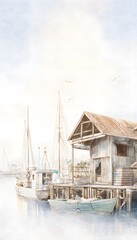 Fototapeta premium Seaside Boathouse Watercolor Illustration Captures a Serene Coastal Maritime Lifestyle Scene