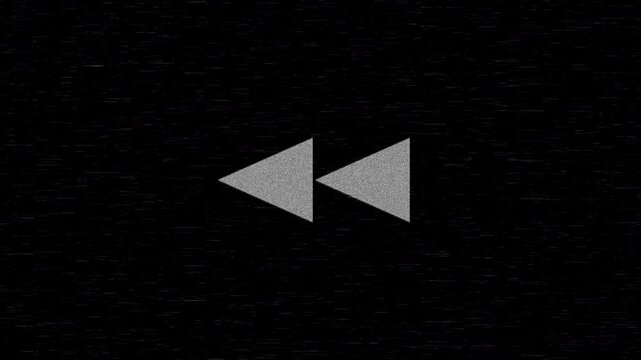 Animated rewind button on a black background with retro distortion, noise, and glitch effects